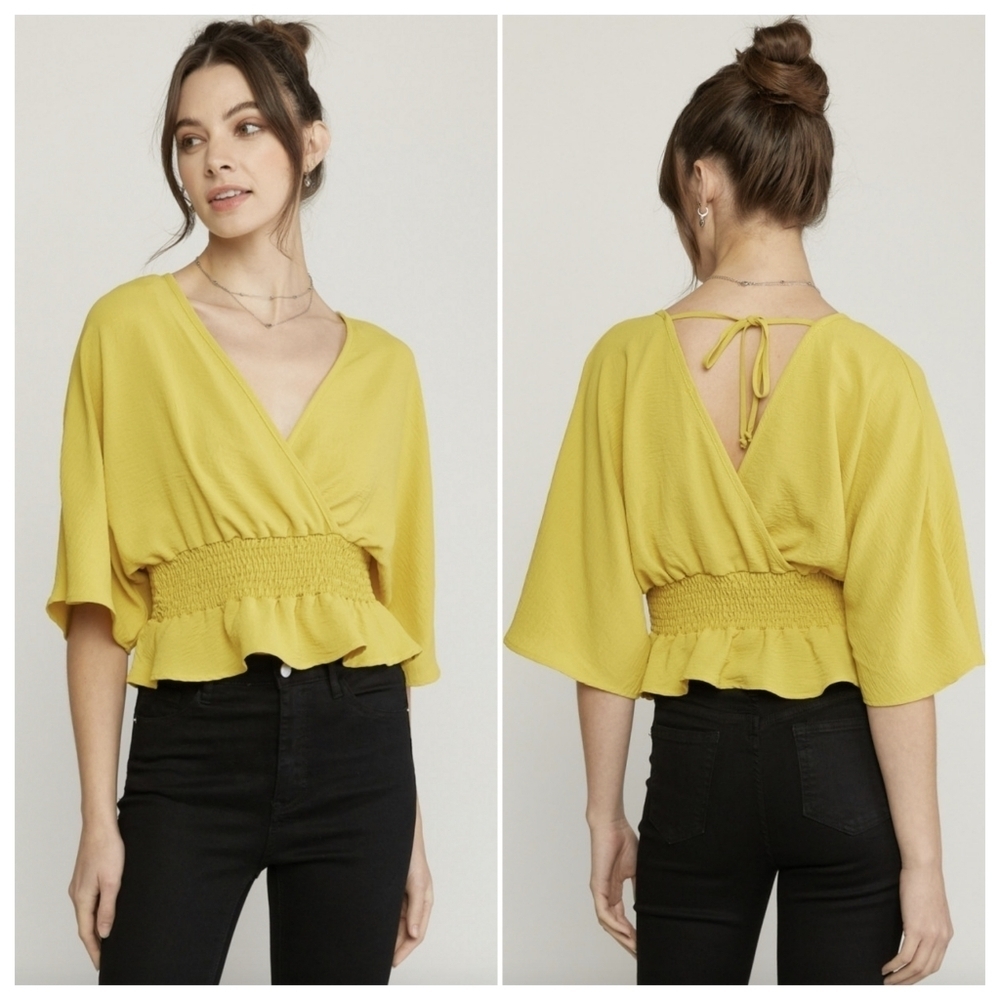 Entro V-Neck Smocked Peplum Half Sleeve Blouse